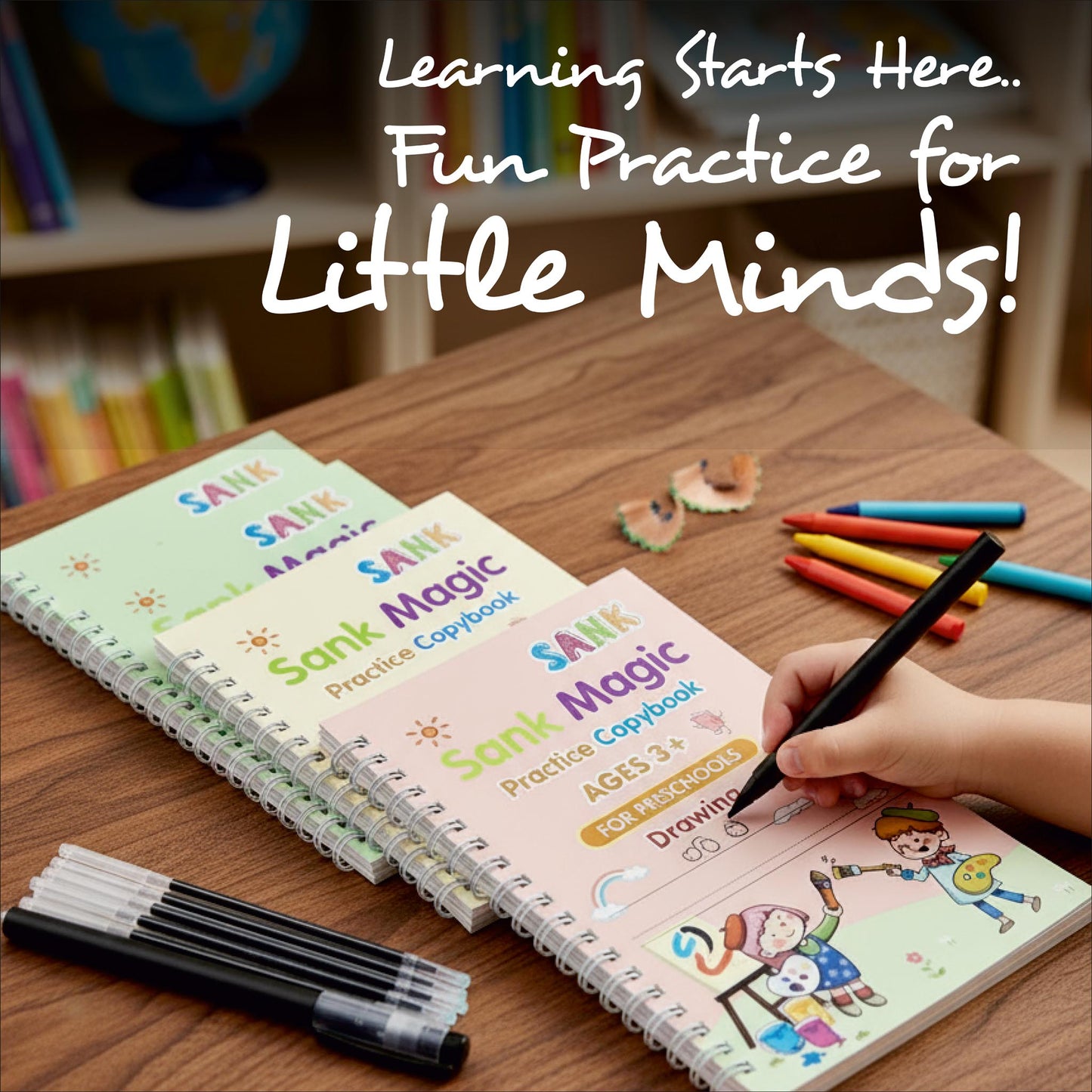 Magic Practice Copybook for Kids with Grooved Letters, Handwriting Improvement Book Set of 4, Reusable Writing Book with Pen Grip & 10 Refills - 3+ Age