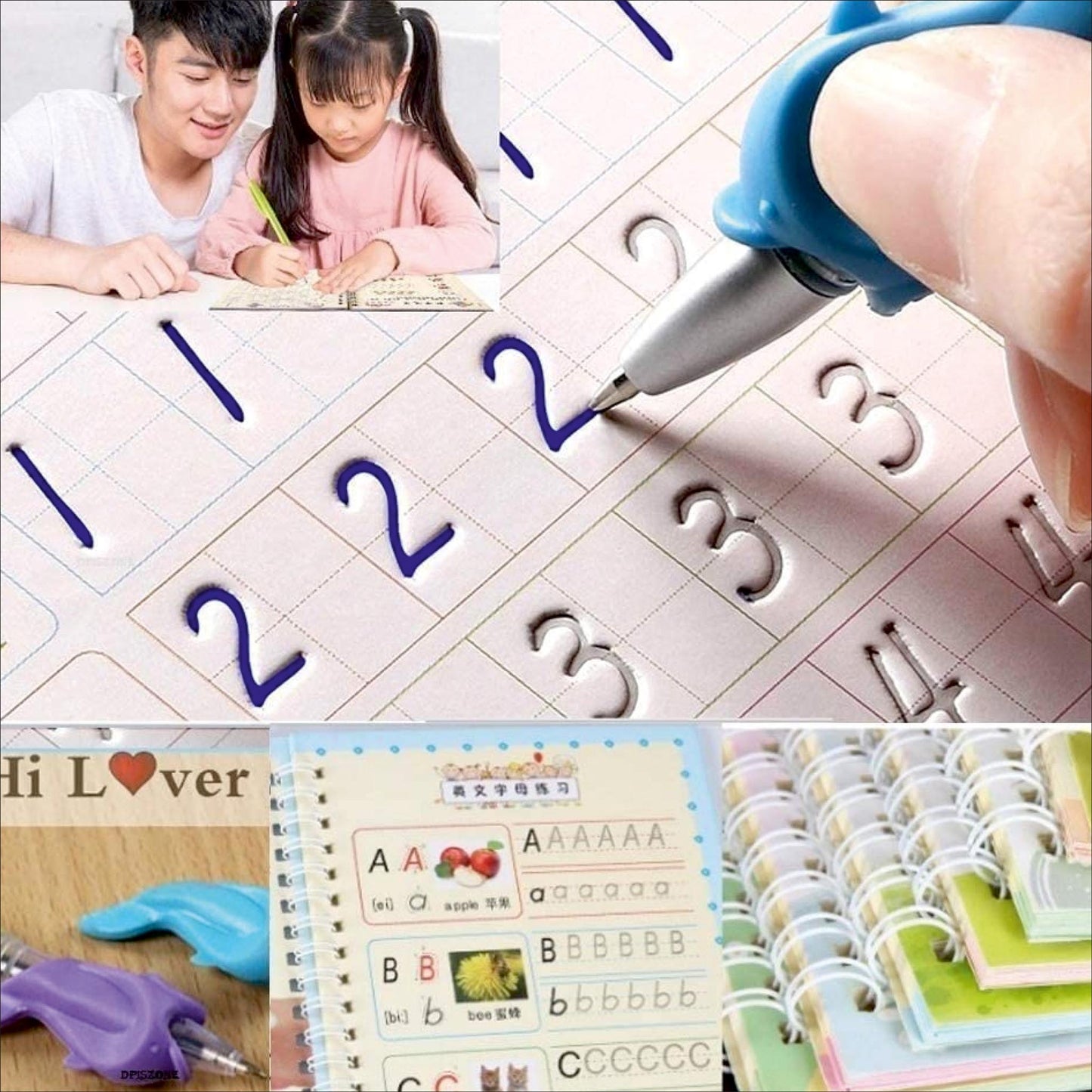 Magic Practice Copybook for Kids with Grooved Letters, Handwriting Improvement Book Set of 4, Reusable Writing Book with Pen Grip & 10 Refills - 3+ Age